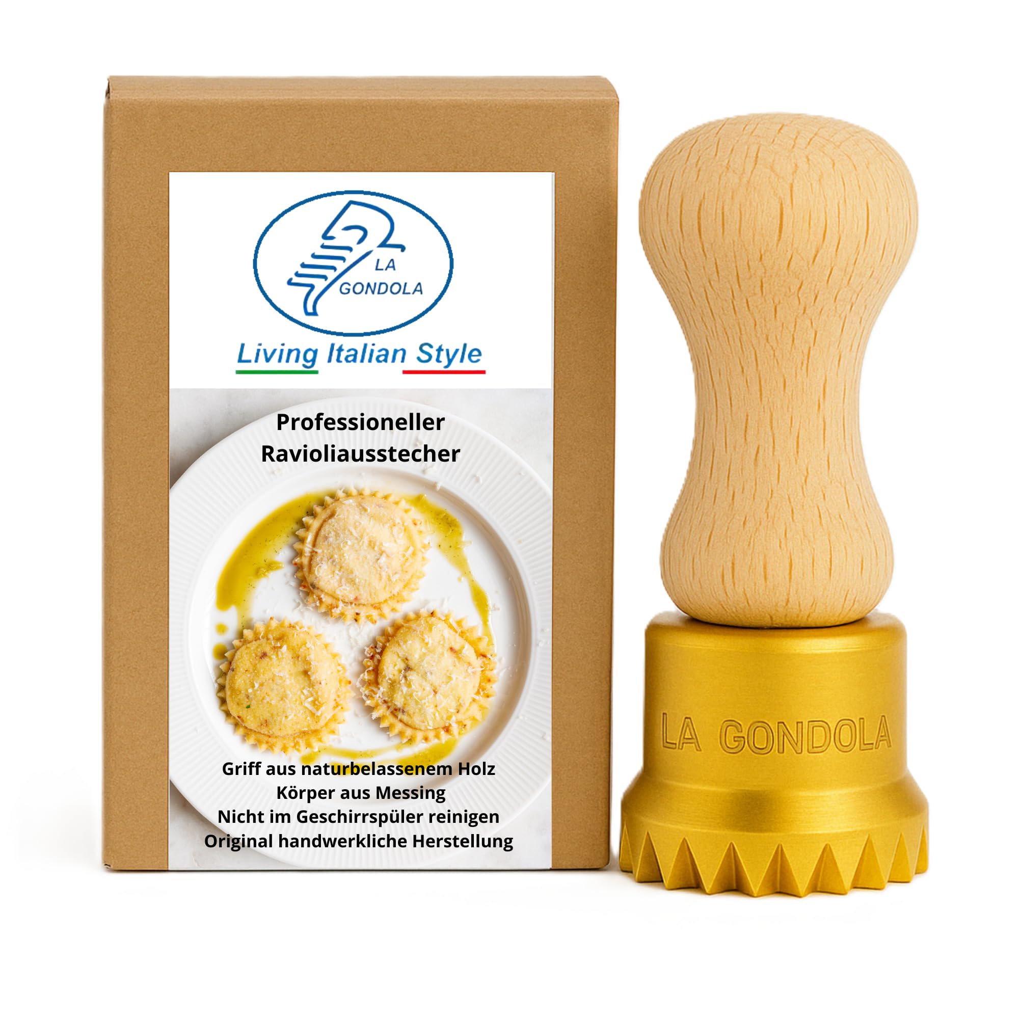 La Gondola Ravioli-Stempel Rund Gewellt 50mm Italienisches Pasta-Werkzeug Messing Naturholz Made in Italy