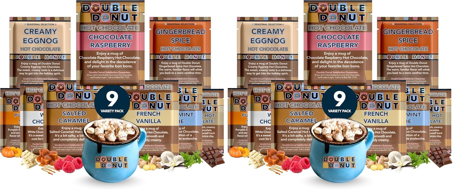 Double Donut Flavored Hot Chocolate Packets Variety Pack, 9 Count Includes Classic, Chocolate Raspberry, Salted Caramel, Peppermint, Eggnog & Gingerbread (Pack of 2)