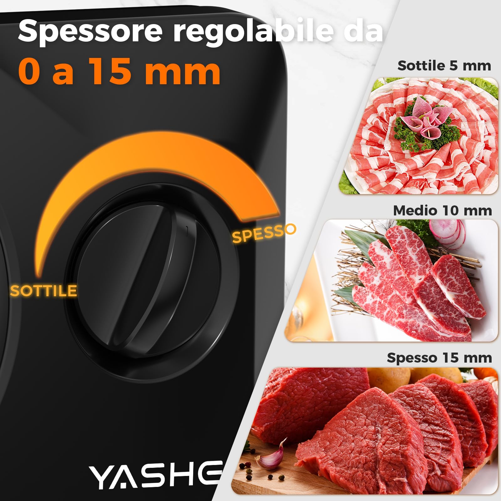 YASHE Affettatrice Elettrica Pieghevole 180W, Lama Inox 17 cm, Spessore Regolabile 0–15 mm, Compatta e Salvaspazio, Ideale per Carne, Formaggio, Pane e Verdure, Nera