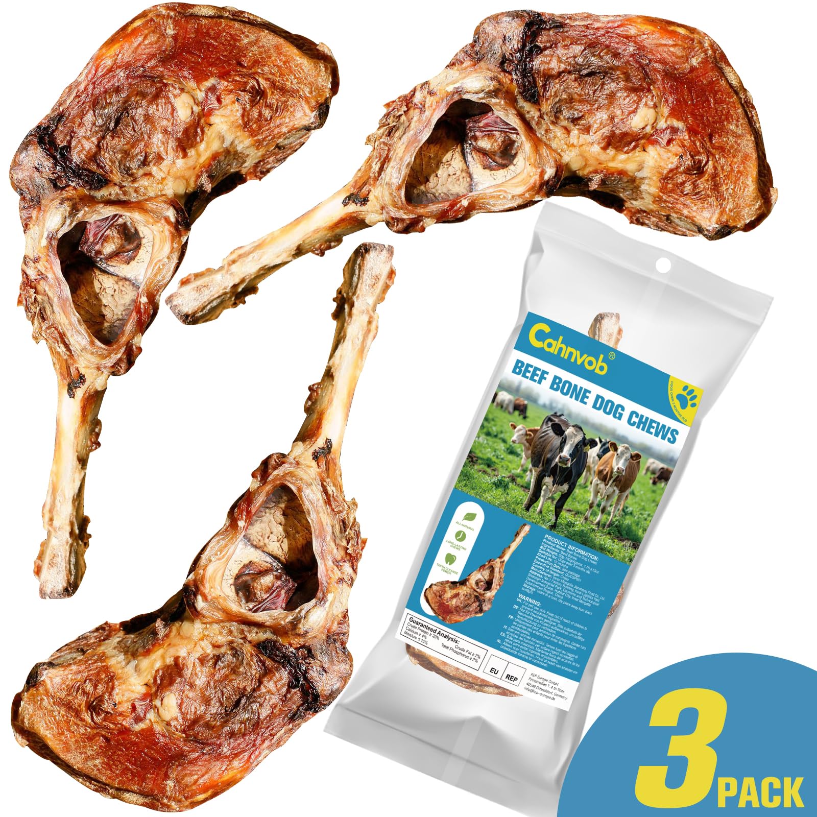 Hueso de Res Natural para Perro, Premio masticable Duradero, ingrediente único, Premio masticable digestible para Salud Dental (Paquete de 3)