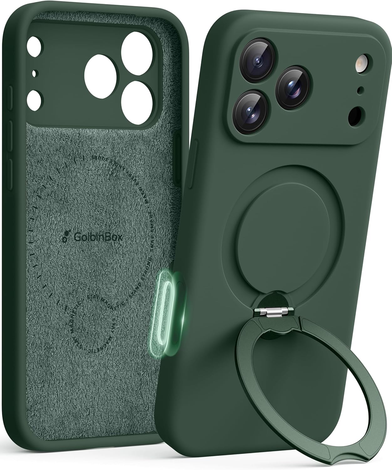 GolbinBox for iPhone 17 Pro Case with 360° Spin Magnetic Stand, [Compatible with MagSafe][Full Camera Protection],Full Body Shockproof Liquid Silicone Case with Ring Stand for 17 Pro 6.3'', Army Green