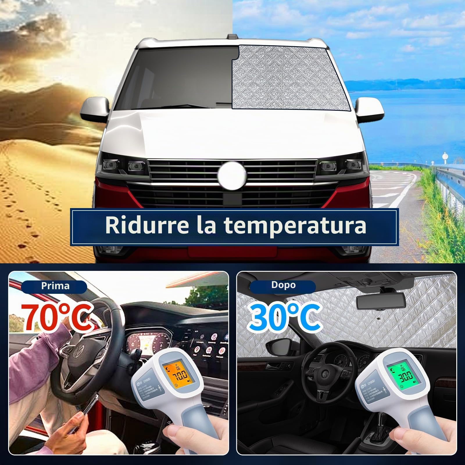 Set di 8 tende termiche interne adatte per VW T5/T6 Van LWB (passo lungo), versione spessa con retro nero, materiale resistente multistrato, effetto riflettente argentato, facile da riporre