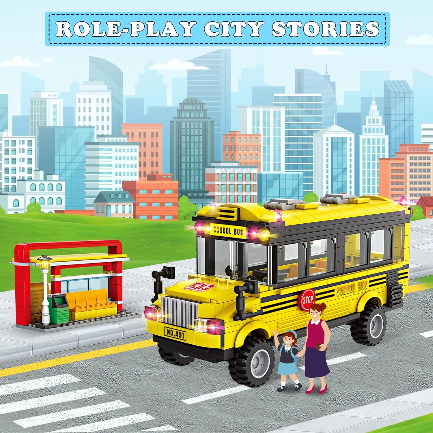 School Bus Building Blocks Set for Kids 6+ 488PCS Creative Vehicle Toy with Movable Wheels Compatible with Lego City Bus Construction Toy for Boys Girls Collector Educational STEM Gift