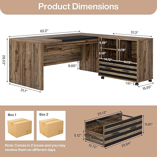 Miniatura 2 de Tribesigns Escritorio Ejecutivo de 62.2" con Archivador Móvil, Escritorio de Oficina en Forma de L con Estantes de Almacenamiento, Conjunto de café