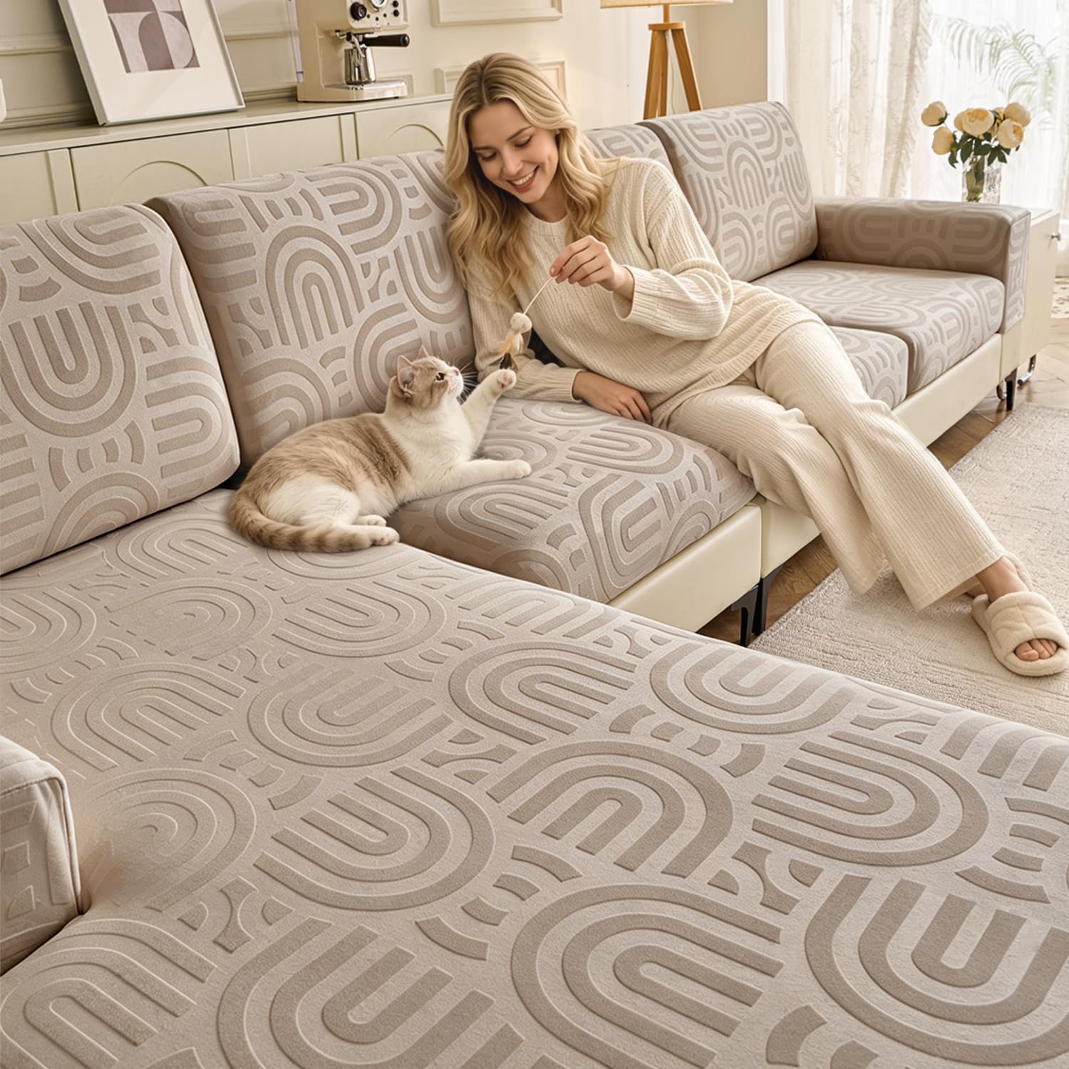 Photo 1 of Rwoyno Couch Cushion Covers for Sectional Sofa Seat Cushion Cover Stretch Washable Separate Sofa Slipcovers Wear-Resistant Universal Furniture Protector (Taupe, 3 PC Seat or Back Covers)