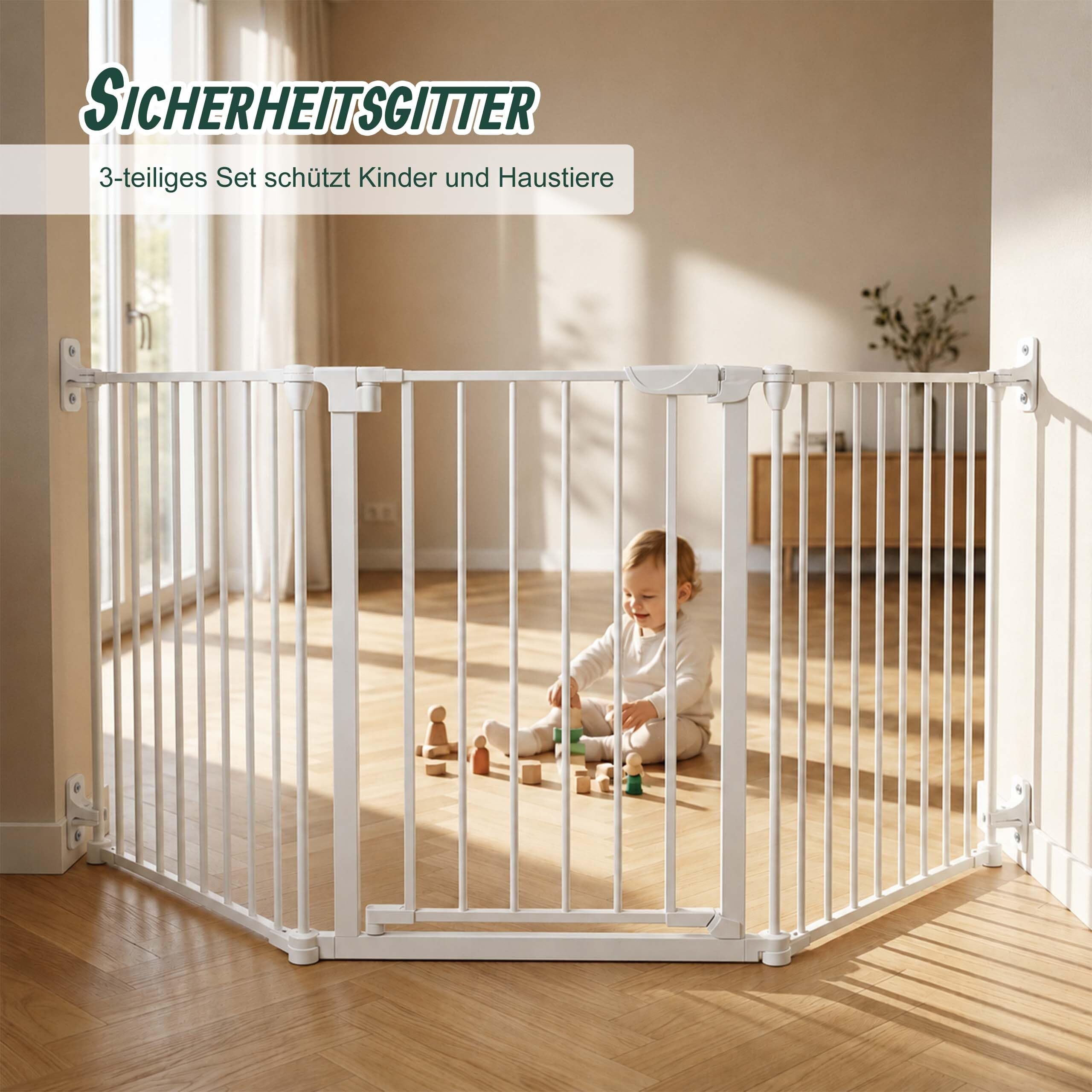 Relaxdays Sicherheitsgitter, 3-teilig, mit Tür, HxB: 74 x 85–180 cm, weiß