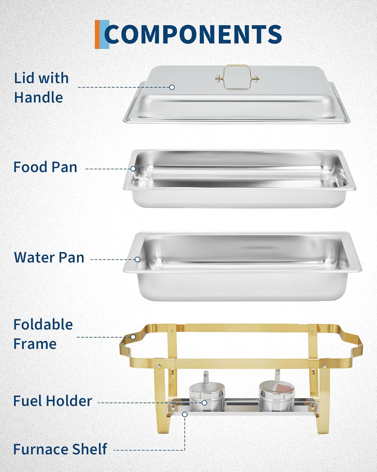 4-Pack Half Gold Trim Stainless Steel Rectangular Chafing Dishes, Single Compartment Buffet Food Warmers Set, Full-Service Catering Servers for Wedding Receptions, Home Dinner Parties