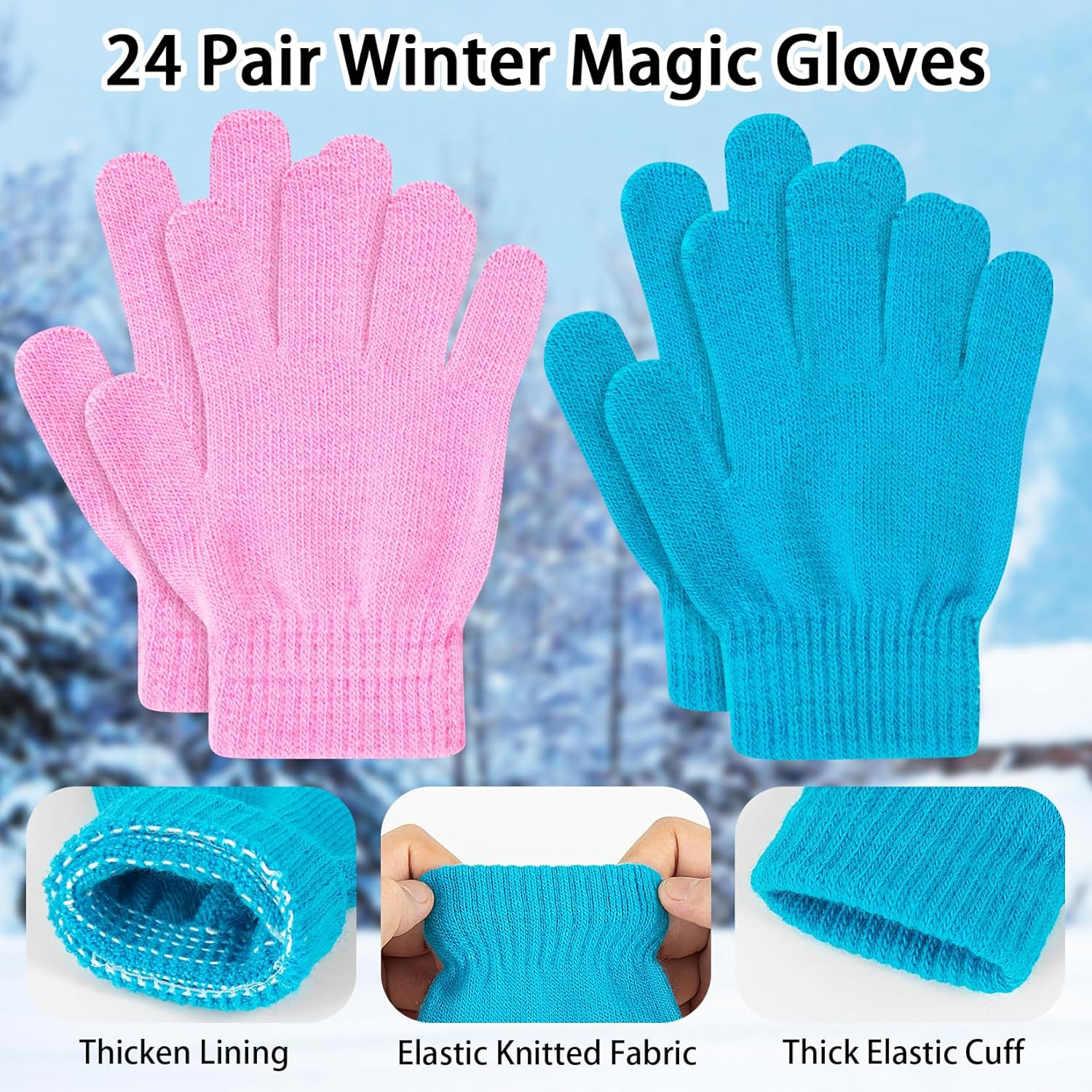 24 Pairs Kids Winter Mittens, Stretchy Warm Knitted Gloves Assorted Solid Magic Gloves for Toddler Boys and Girls - Image 4