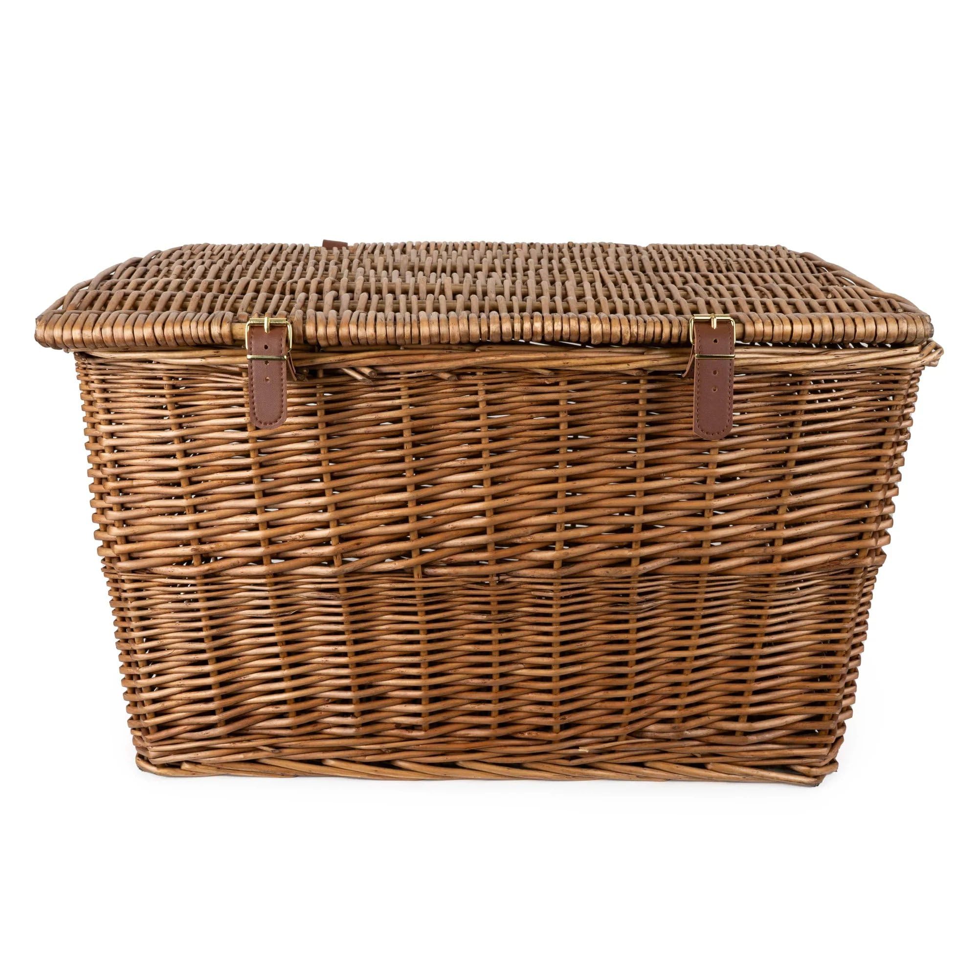 Home Deco London Brown Large Wicker Storage Hamper Basket With Lid, Rattan, Leather Strap Closures Hamper (Large - H54xw37xd31cm)