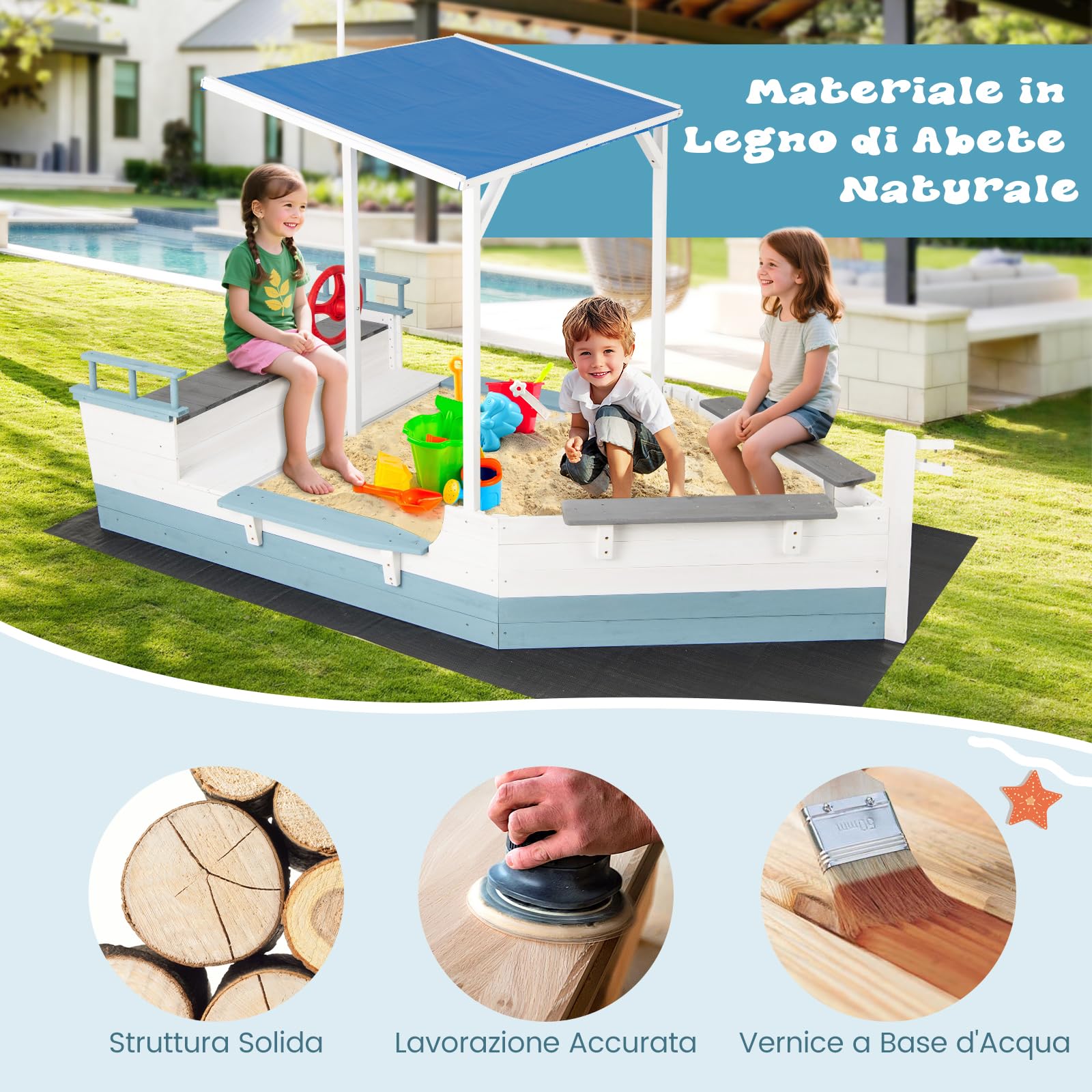 GYMAX Sabbiera in Legno di Abete, Casetta da Gioco per Giardino a Forma di Nave con Tetto Spiovente, Rivestimento, Sedili Multipli, Ampio Spazio di Stoccaggio, Sabbiera da Esterno per Bambini