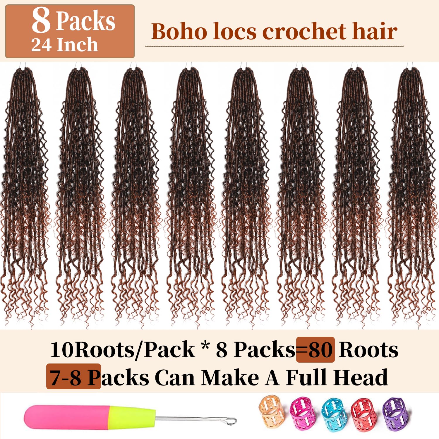 Boho Locs Crochet Hair 24 Inch Goddess Braids Crochet Hair for Black Women 8 Packs Boho Faux Locs With Curly Ends Pre Looped Bohemian (T350# - Image 4
