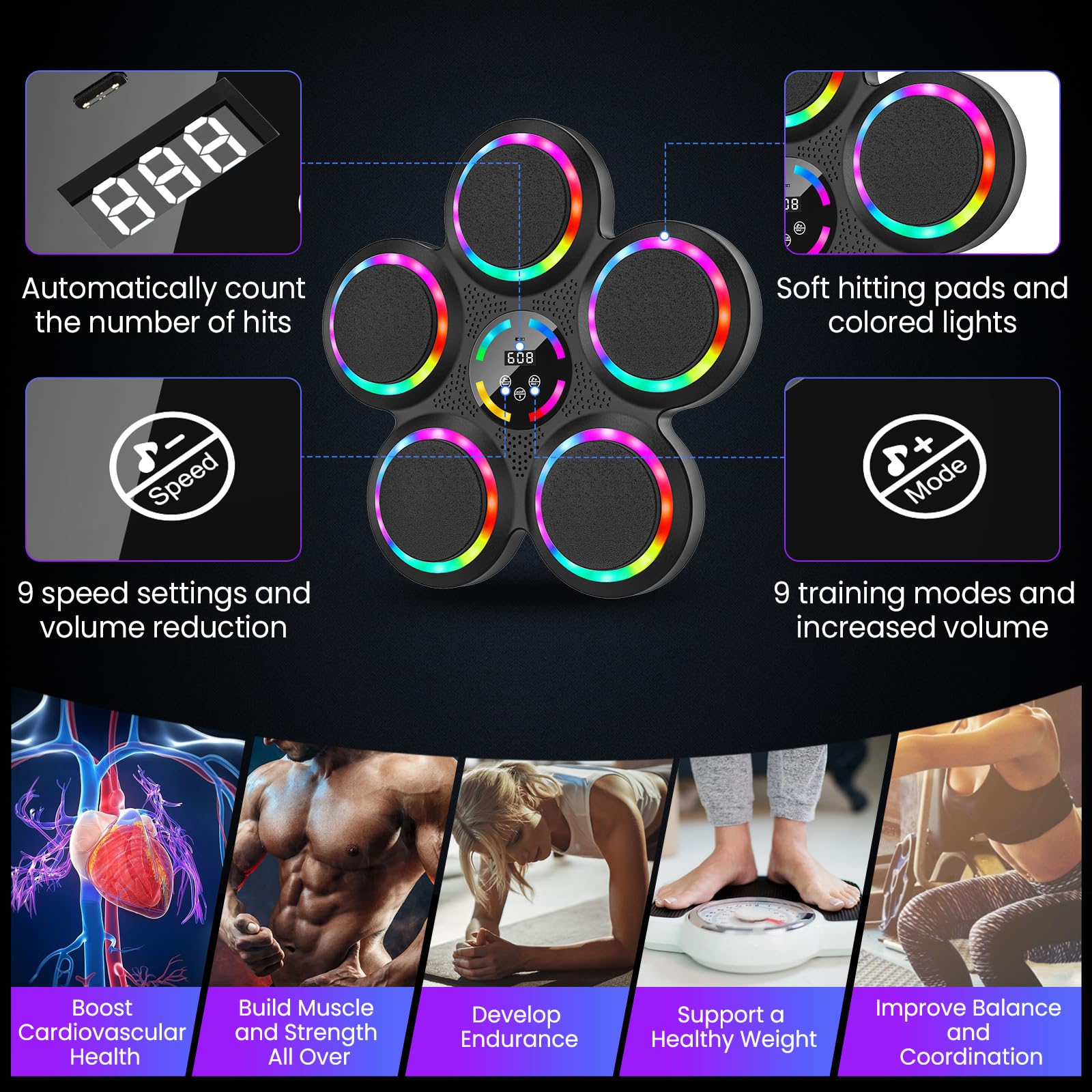 IERAKOR Máquina de Boxeo Musical de Pared con Bluetooth, 2 Pares de Guantes | Music Boxing Machine, 9 Modos y Velocidades, Luz de Color, Contador de Puntos, Deporte en Casa Antiestrés, Adultos y Niños