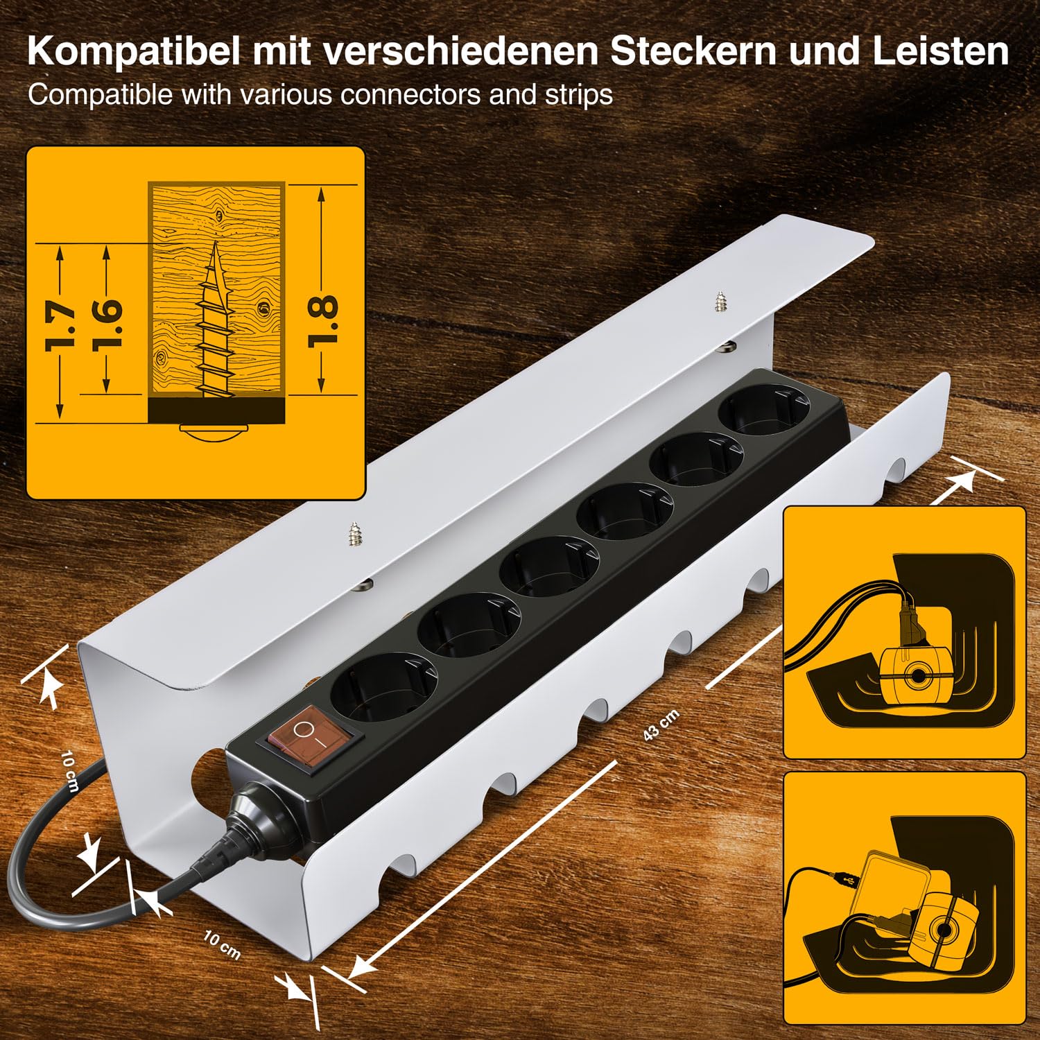 HOMEPROTEK Kabelgoot voor Bureau x2 Wit Onder Bureau Kabel Management Tray, Eenvoudige Montage Stevige Stalen Kabel Organizer, 43x10x10cm Opgeruimd Thuiskantoor Kabelbeheer Lade