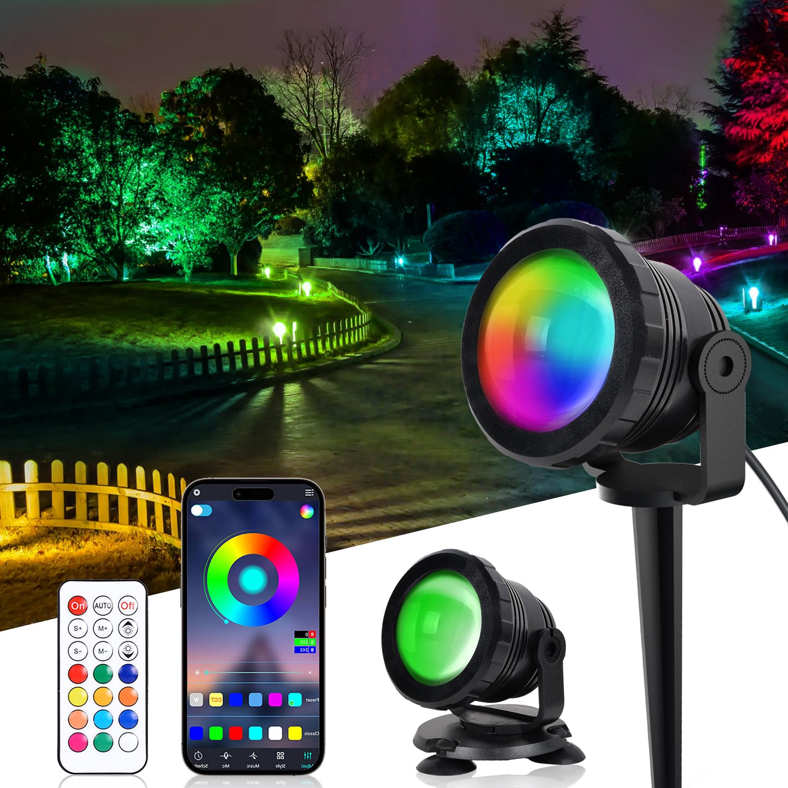 ASTRAEA RGB Outdoor LED Spot Lights, 12W Color Changing Landscape Spotlights Lighting with Remote Control & APP, Music Sync & Timer, Waterproof Spotlights Uplighting for Yard Garden Pathway, 2 Pack