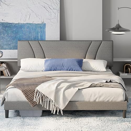 Miniatura 8 de Avenco - Base de cama tamaño Queen, plataforma tapizada con cabecero ajustable, soporte de listones de madera, fácil montaje, no necesita somier,