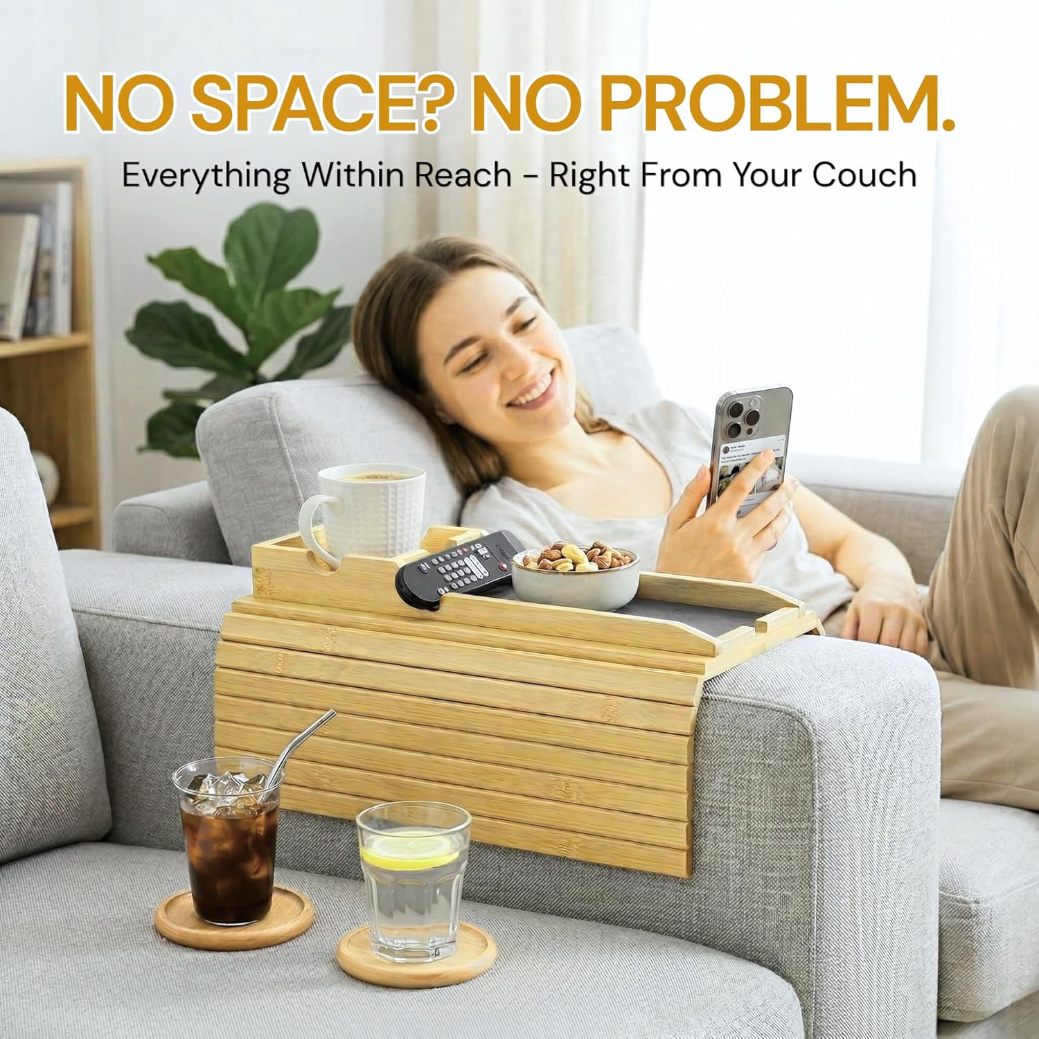4-in-1 Detachable Bamboo Couch Cup Holder & Arm Tray with 2 Wooden Coasters, Anti-Slip Sofa Arm Tray, Foldable Couch Armrest Table, Organizer for Drinks, Snacks, Remote & Phone