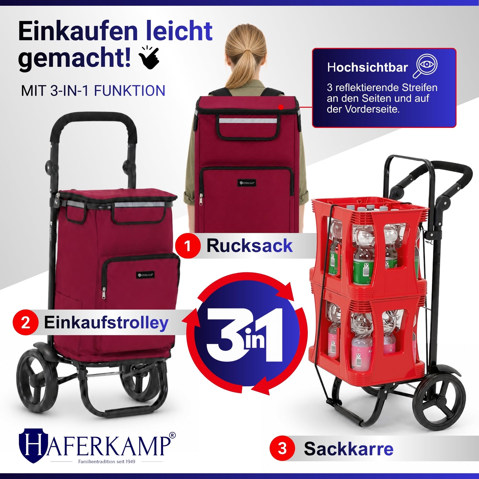 Klappbarer Einkaufstrolley TRAGINO 3-in1 Einkaufswagen, Bordeaux Rot | mit Kühl- und Getränkefach, groß, modern & abnehmbare Tasche, höhenverstellbar, mit Reflekotren, Volumen: 60 Liter
