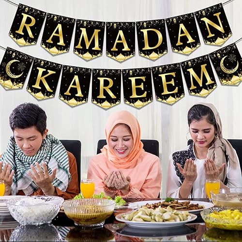 Miniatura 4 de Cartel de Eid Al-Adha para decoración de fiesta, farol de luna negro y dorado, banderines colgantes de Eid Al-Adha, suministros de fiesta para el