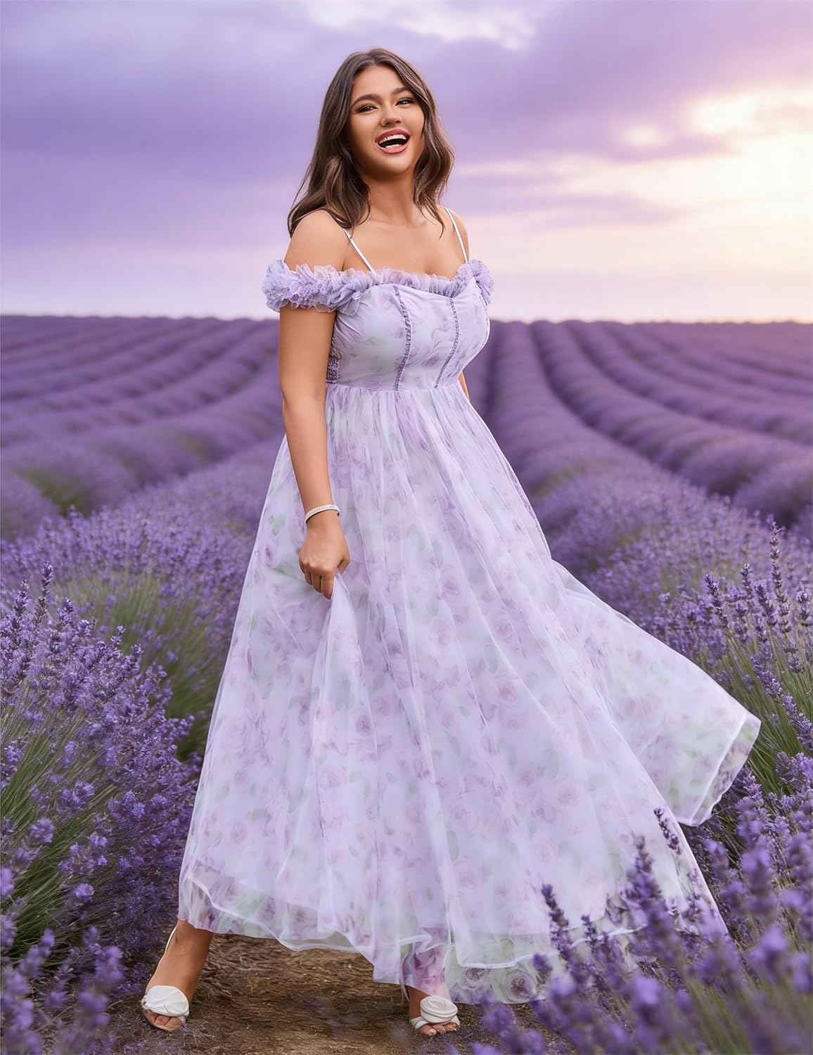 Women's Floral Off Shoulder Dress - Formal Wedding Guest & Cocktail Gown with High Slit, No More Bulky Party Dresses