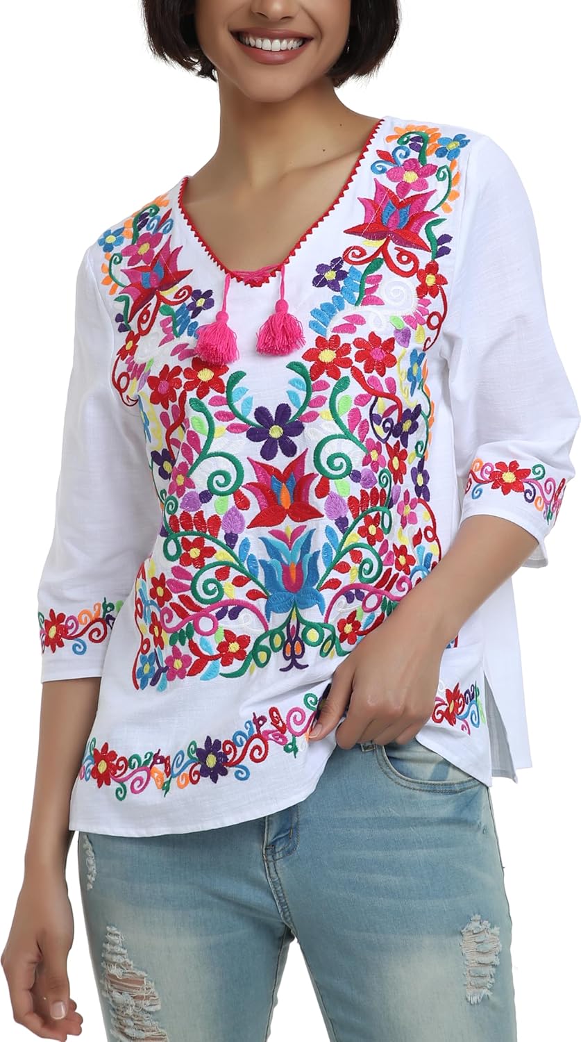 YZXDORWJ Women's Summer Embroidered Mexican Shirts Short Sleeve Casual Tops Blouse
