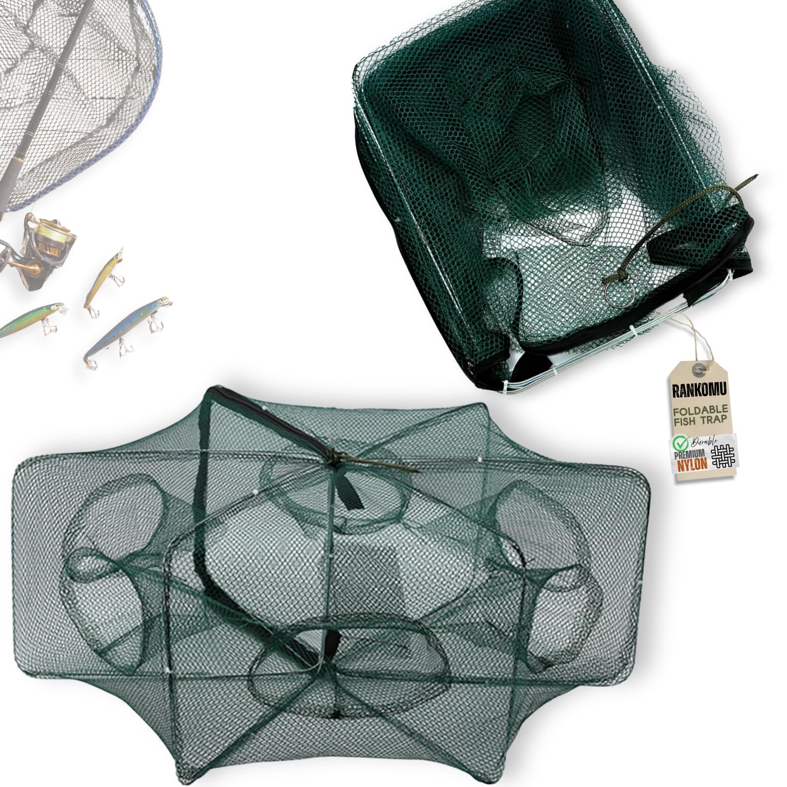 Nasse à Poisson 6 Trous – Filet de Pêche Automatique Pliable, Nasse à Écrevisses avec Fermeture Éclair, Pour Rivière Lac Étang (58x22cm, 150g)