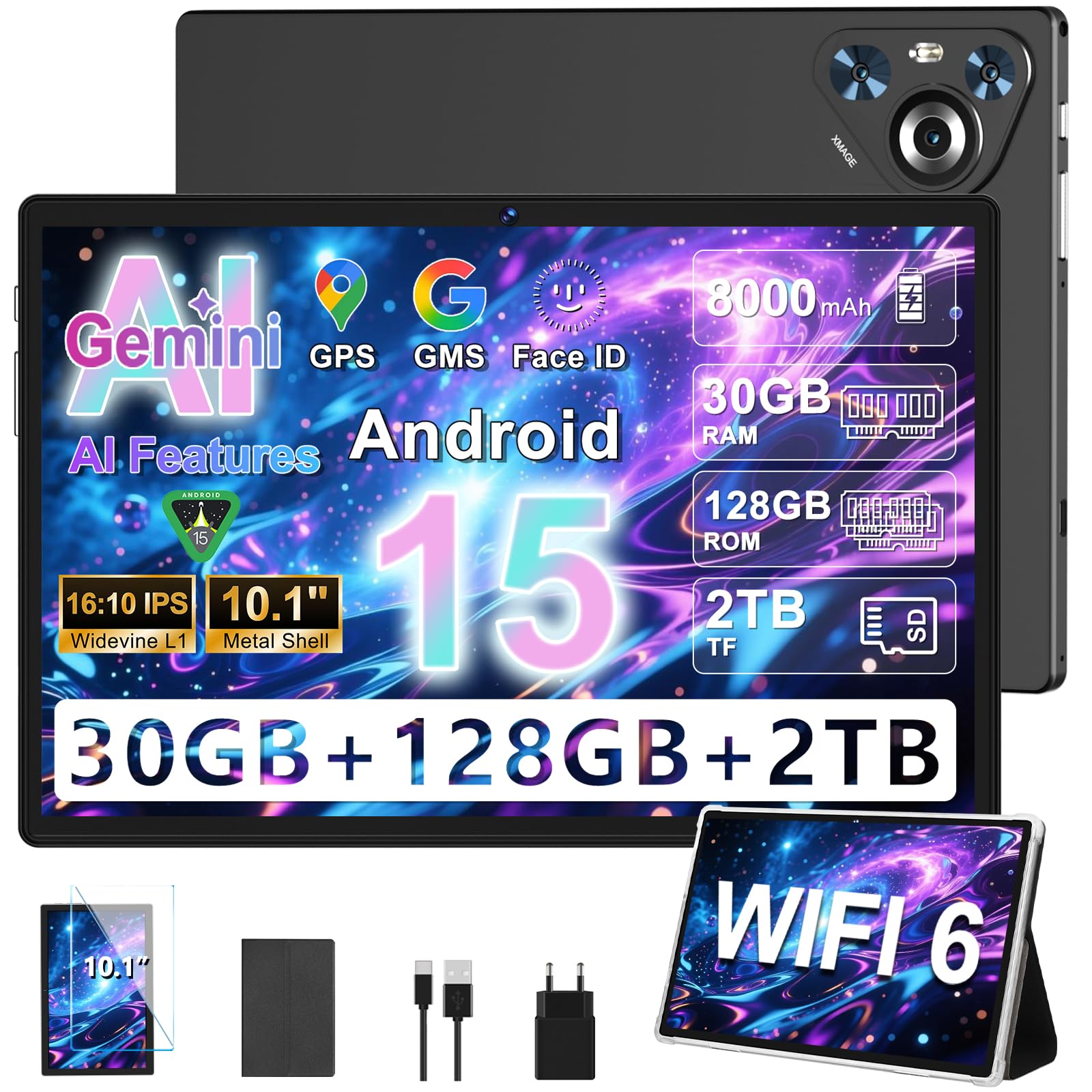 Tablet Android 15, 10 Pollici IPS HD Schermo, 8000mAh, [30GB RAM+128GB ROM] 1TB Espandibile, 8-Core, 5MP+8MP, Corpo in Metallo, Face ID, Widevine L1 - Mouse, Tastiera, Custodia Protettivae-Nero