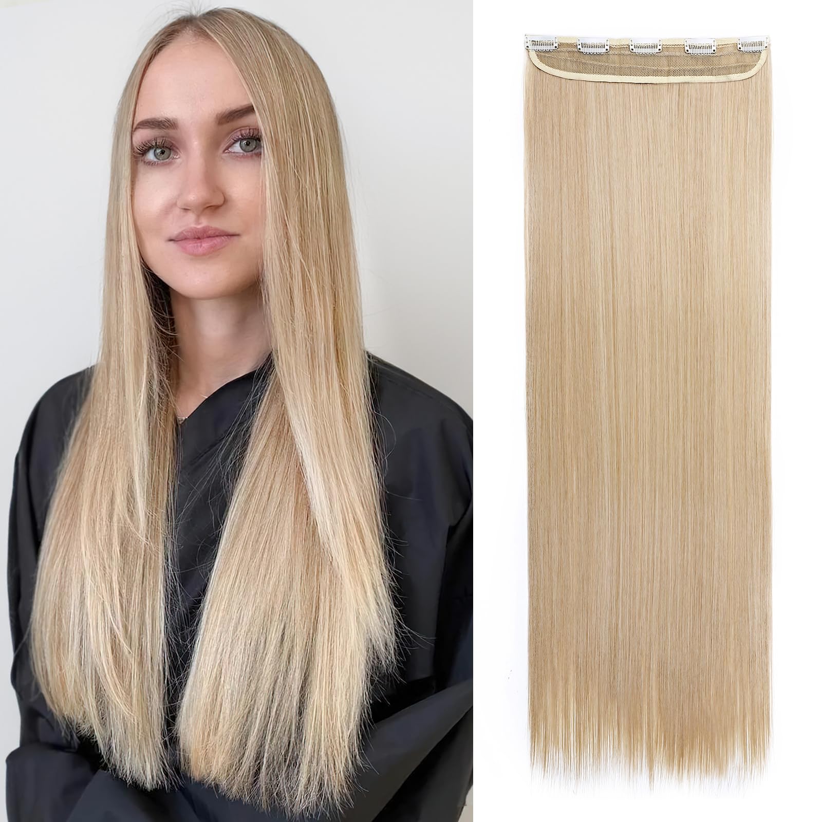 Clip in Hair Extension,TESS Clip in Hair Extension One Piece 5 Clips,3/4 Full Head Double Weft Long Straight Synthetic Hairpieces for Women,clip in extensions 30" Dark Blonde Mix Bleach Blonde