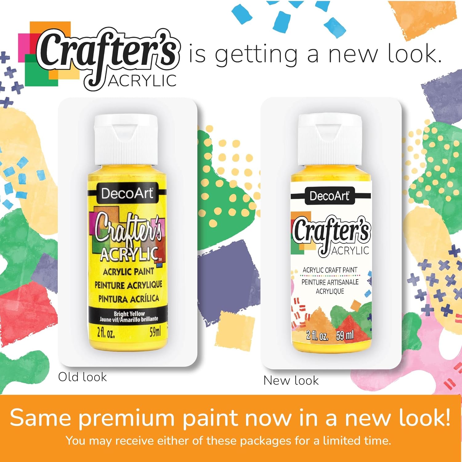Comparison of old and new packaging for DecoArt Crafter's Acrylic paint bottles