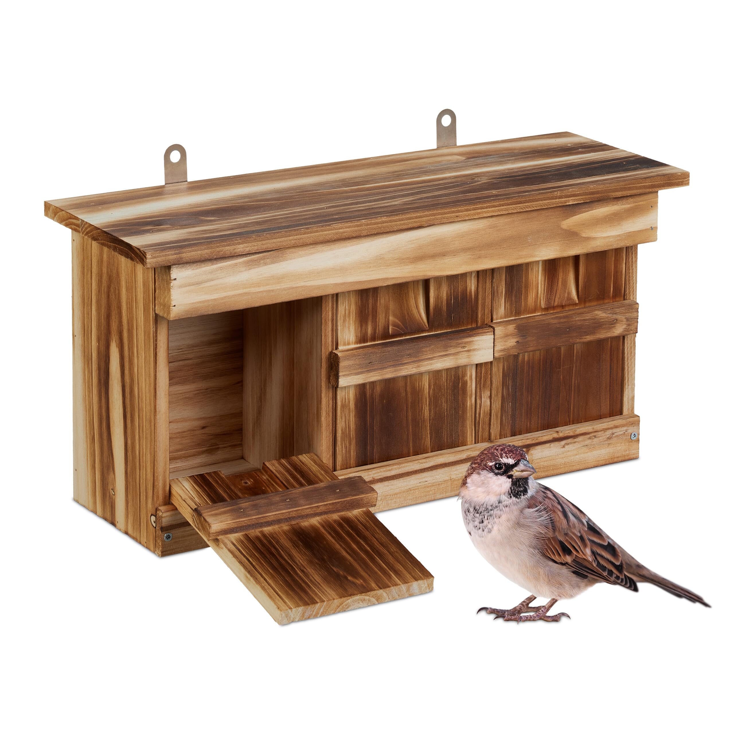 Relaxdays Nesting Box for Sparrows, 3 Chambers, Fir Wood, Entrance Hole HxW: 3x2 cm, Birdhouse, Bird Shelter, Brown
