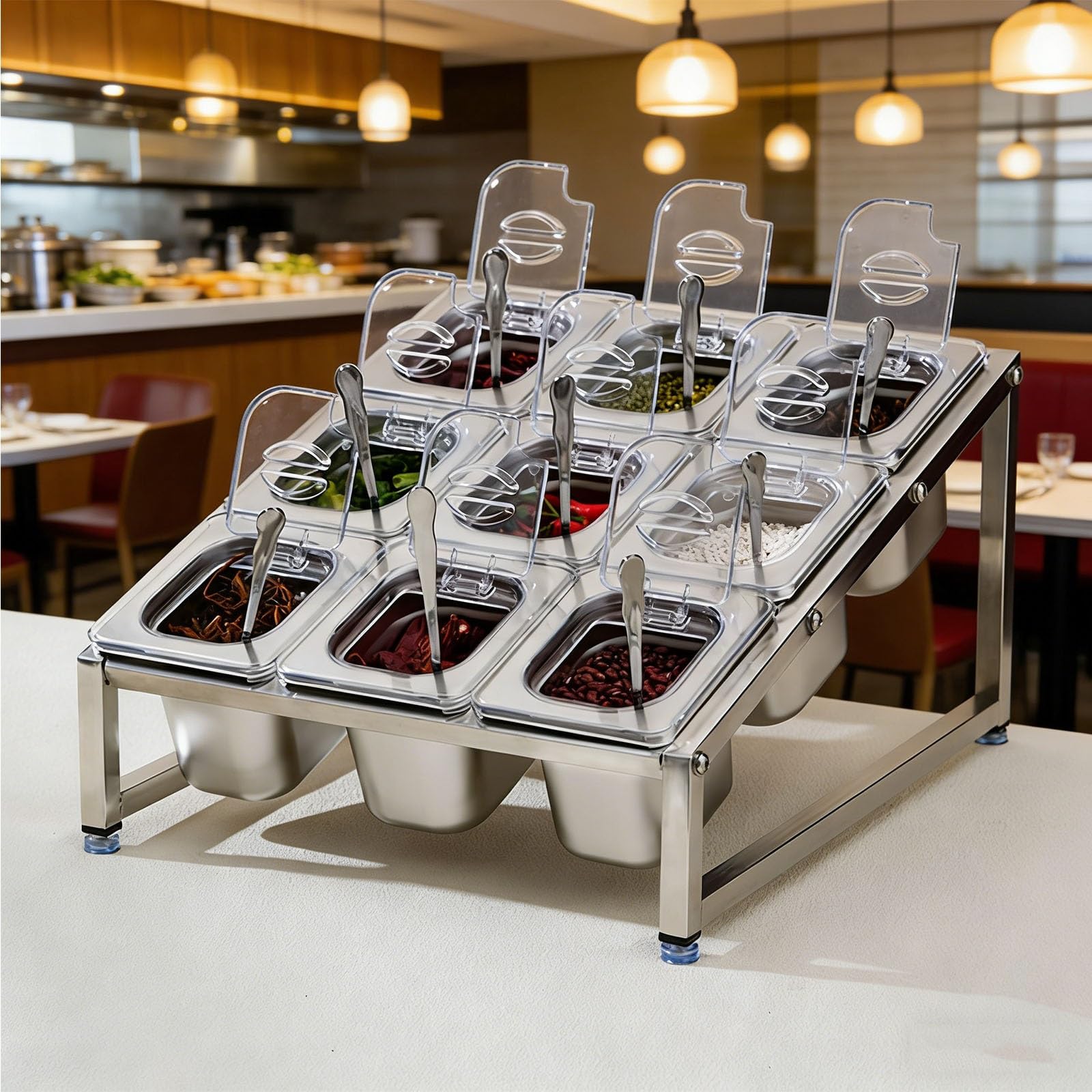 Stazione per pizza a 3 livelli in acciaio inox con cucchiaio, altezza regolabile e vassoio antiscivolo per condimenti, frutta, verdura e salsa