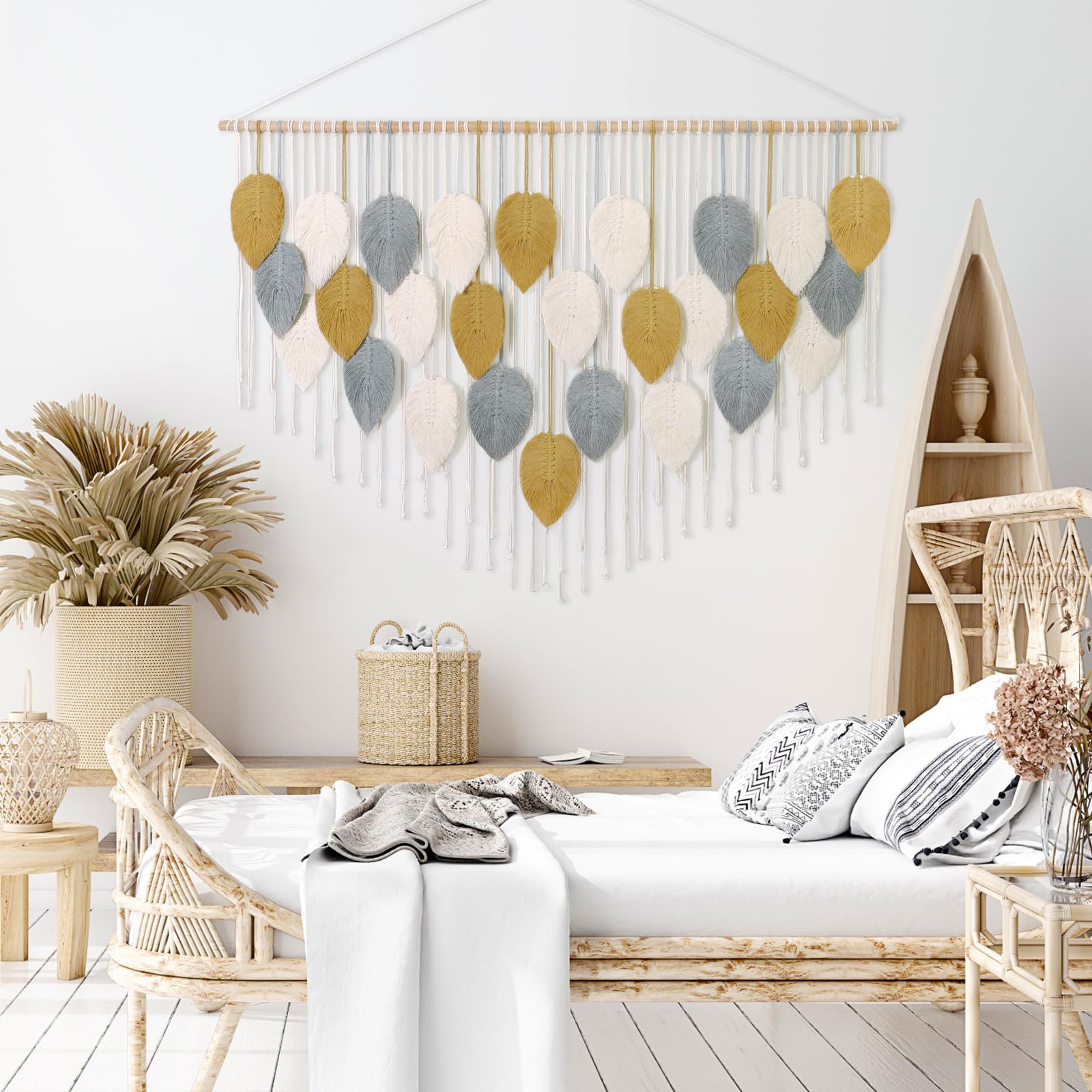 Weldomcor Macrame da Parete in Macramè, Decorazione Bohémien, Decorazione per la Casa, Camera da Letto, 130 x 85 cm（Kaki, Grigio）