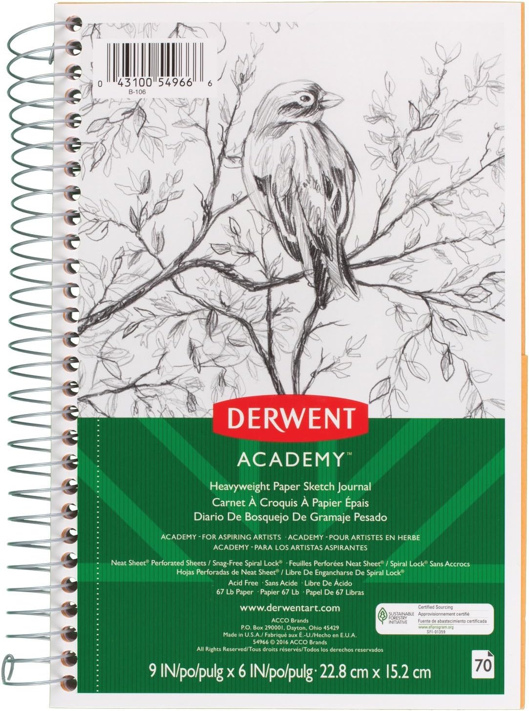 Academy Paper Sketch Journal, Wirebound, 70 Sheets, 9" x 6", Heavyweight (54966), White
