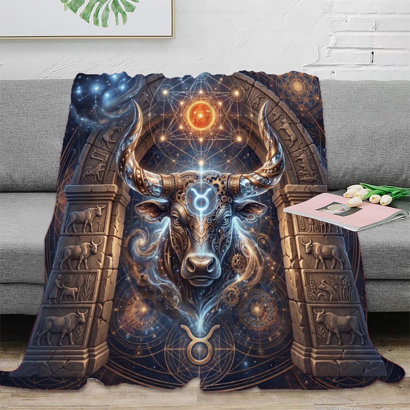 H3B8U2Y5 Taurus Zodiac Mystical Bull Flannel Throw Blanket, Guest Room Bed