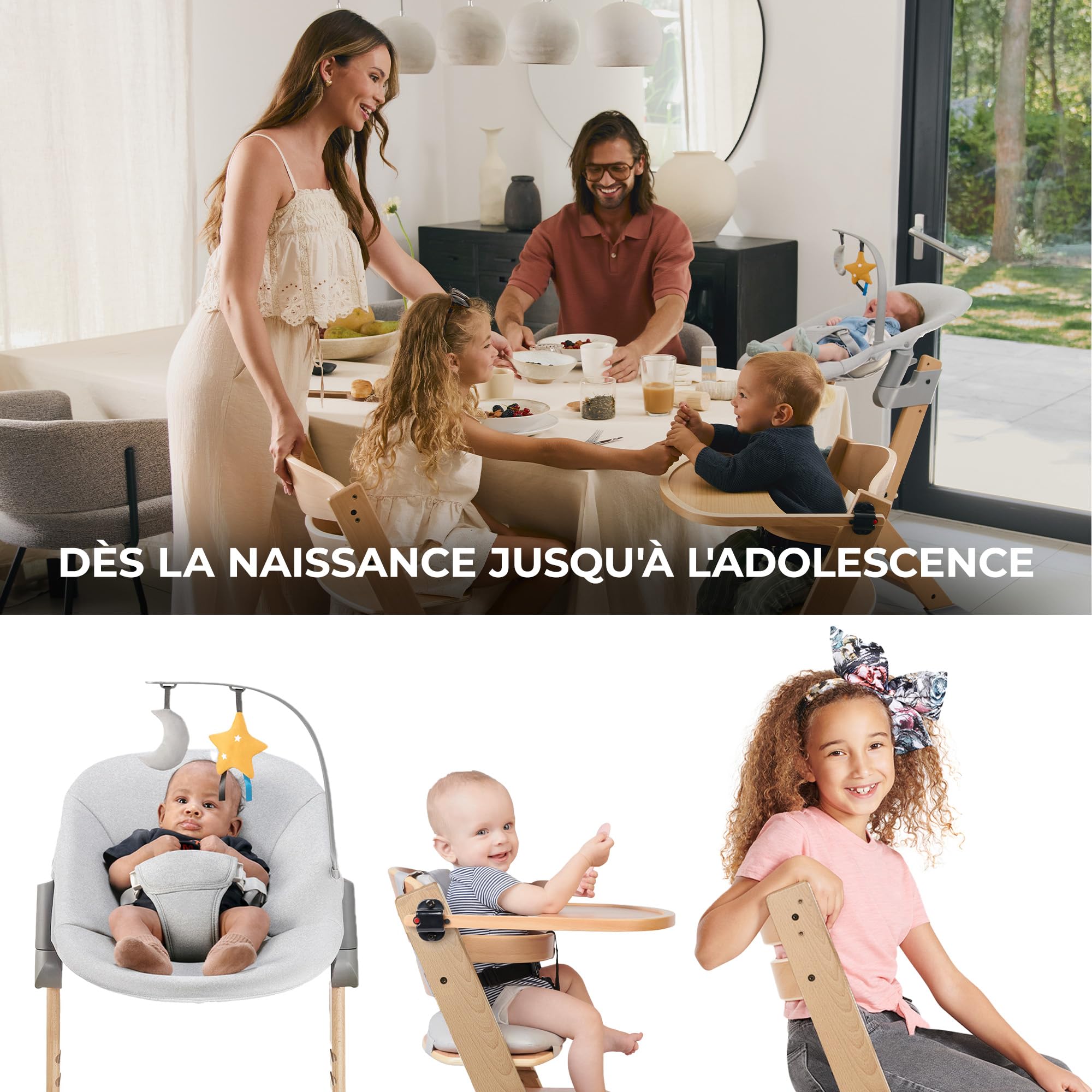 Kinderkraft ENOCK Chaise Haute Bébé + Transat CALMEE, Bois Naturel, Chaise d'alimentation Évolutive Réglable