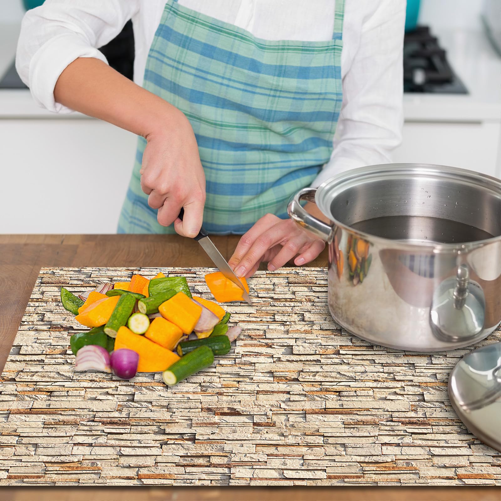 Protection plaque de cuisson, vitrocéramique, verre trempé, pour cuisinières électrique, à induction,planche à découper Mur en pierre monobloc 70x52 cm beige (111988)
