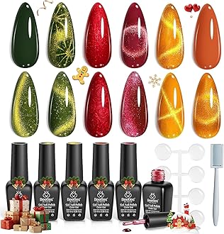 Beetles Cat Eye Gel Nail Polish Set, 6 Colors Red Burgundy Gel Olive Green Cat Eye and Pearl Nail Polish with Magnet Soak Off LED Nail Art Kit DIY Salon at Home Winter Gifts for Women