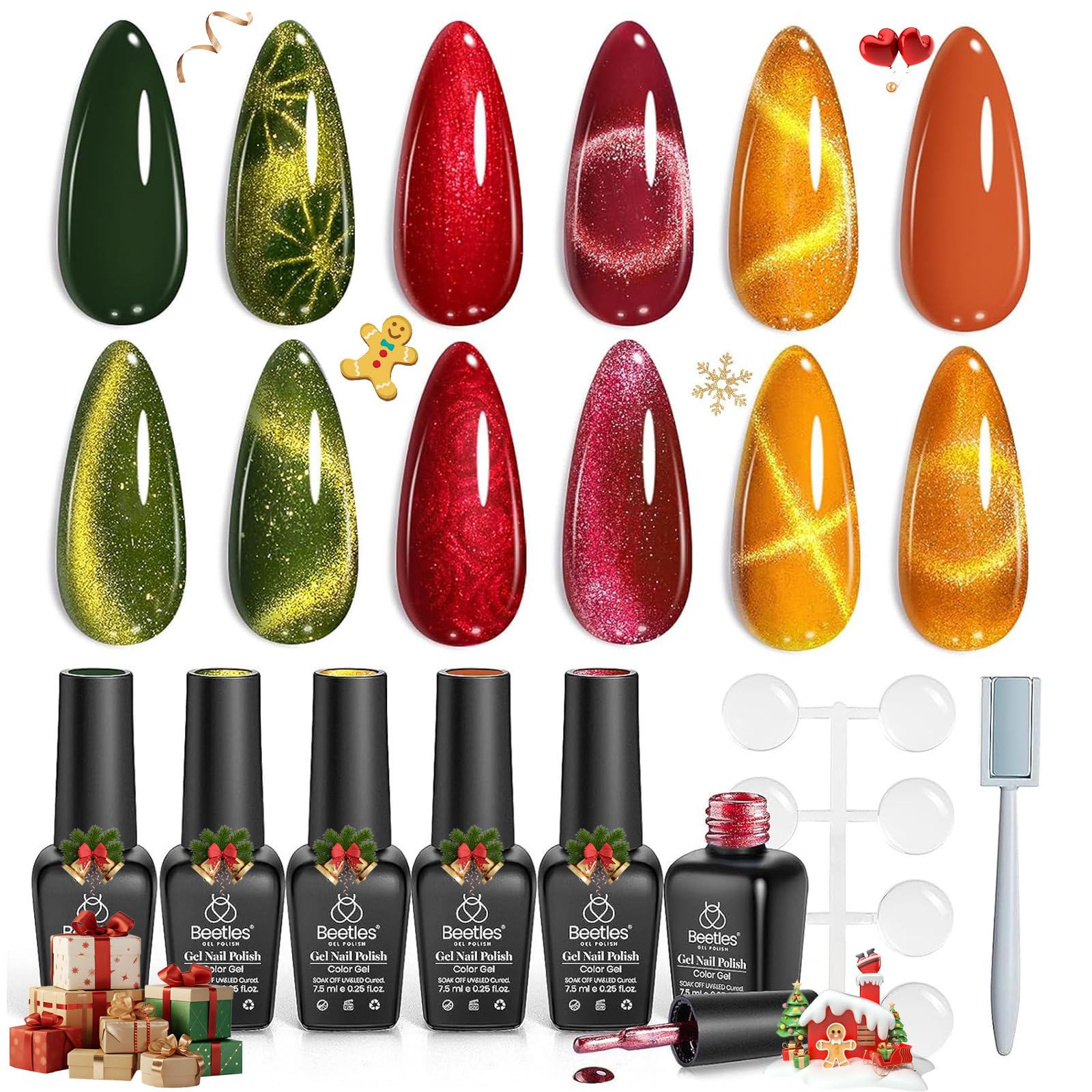 Beetles Cat Eye Gel Nail Polish Set, 6 Colors Red Burgundy Gel Olive Green Cat Eye and Pearl Nail Polish with Magnet Soak Off LED Nail Art Kit DIY Salon at Home Winter Gifts for Women