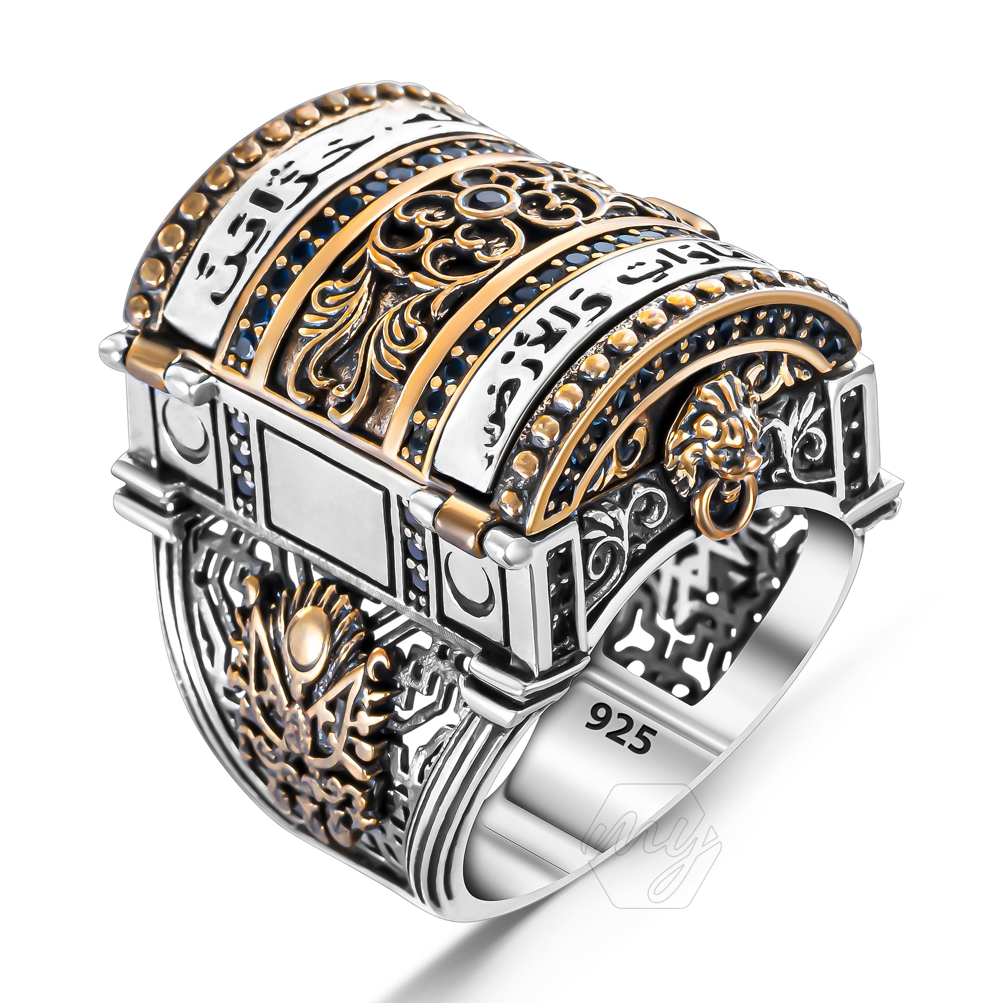 925 Sterling Silver Chest Design Turkish Handmade Islamic Men's Ring