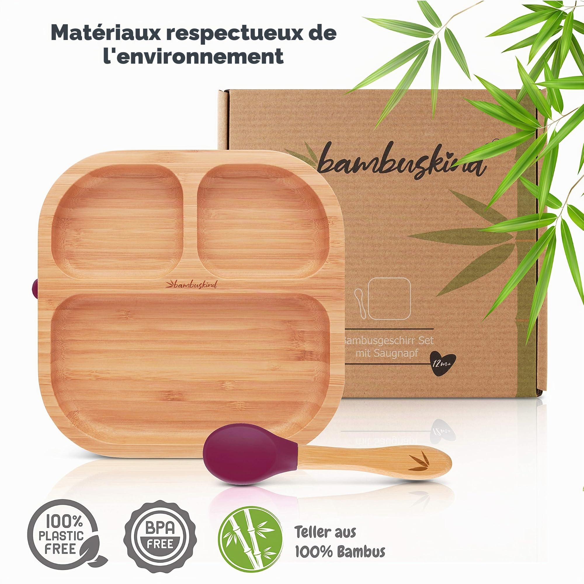 Assiette enfant avec ventouse cerise I Livre de recettes (français non garanti) I Assiette bébé antidérapante en bambou avec cuillère I Set de vaisselle pour apprendre à manger I Sans