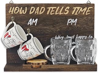 Wall Mounted or Tabletop Wooden Drinkware Board | AM/PM Coffee Mug and Alcohol Glass Holder | Funny Gift for Dad, Men, Husband, Christmas - Fits Wine, Whiskey, Beer Glasses | Glasses are Not Included