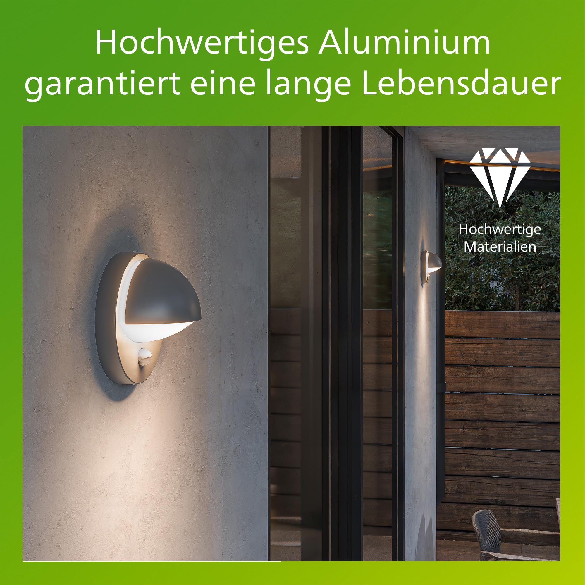 PHILIPS June Outdoor-Leuchte, Wandlampe, Außenlampe mit Bewegungsmelder, Außenbeleuchtung, IP44-Wetterfest, Langlebig, Aluminium, Modernes Design, Anthrazitgrau, E27-Leuchtmittel Separat Erhältlich