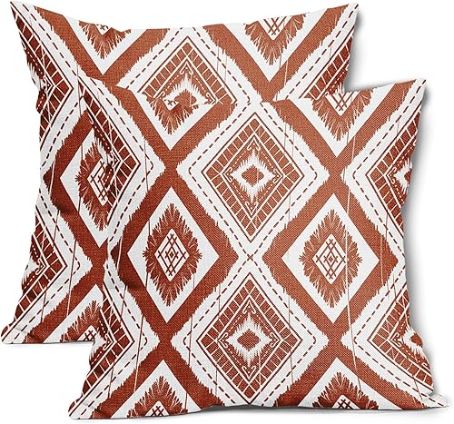 aportt Juego de 2 fundas de almohada geométricas de color naranja quemado de 18 x 18 pulgadas con diamantes Ikat de color marfil óxido, estilo