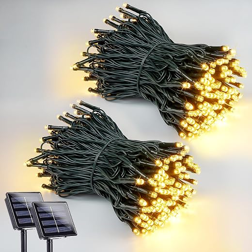 2-Pack 200 LED Solar String Lights for Outside, Solar Christmas Lights Outdoor Waterproof, Green Wire Solar Tree Lights with 8 Lighting Modes for Xmas Wedding Party Garden Decorations (Warm White)