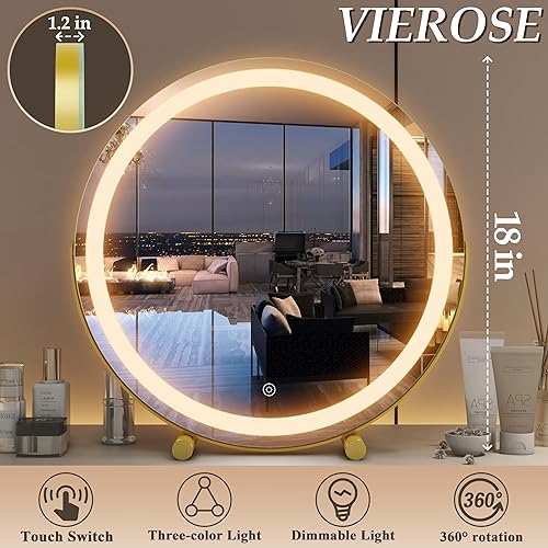 Miniatura 4 de Vierose Espejo de tocador grande de 18 pulgadas con luces, espejo de maquillaje LED redondo, espejo de mesa para vestidor y dormitorio, control