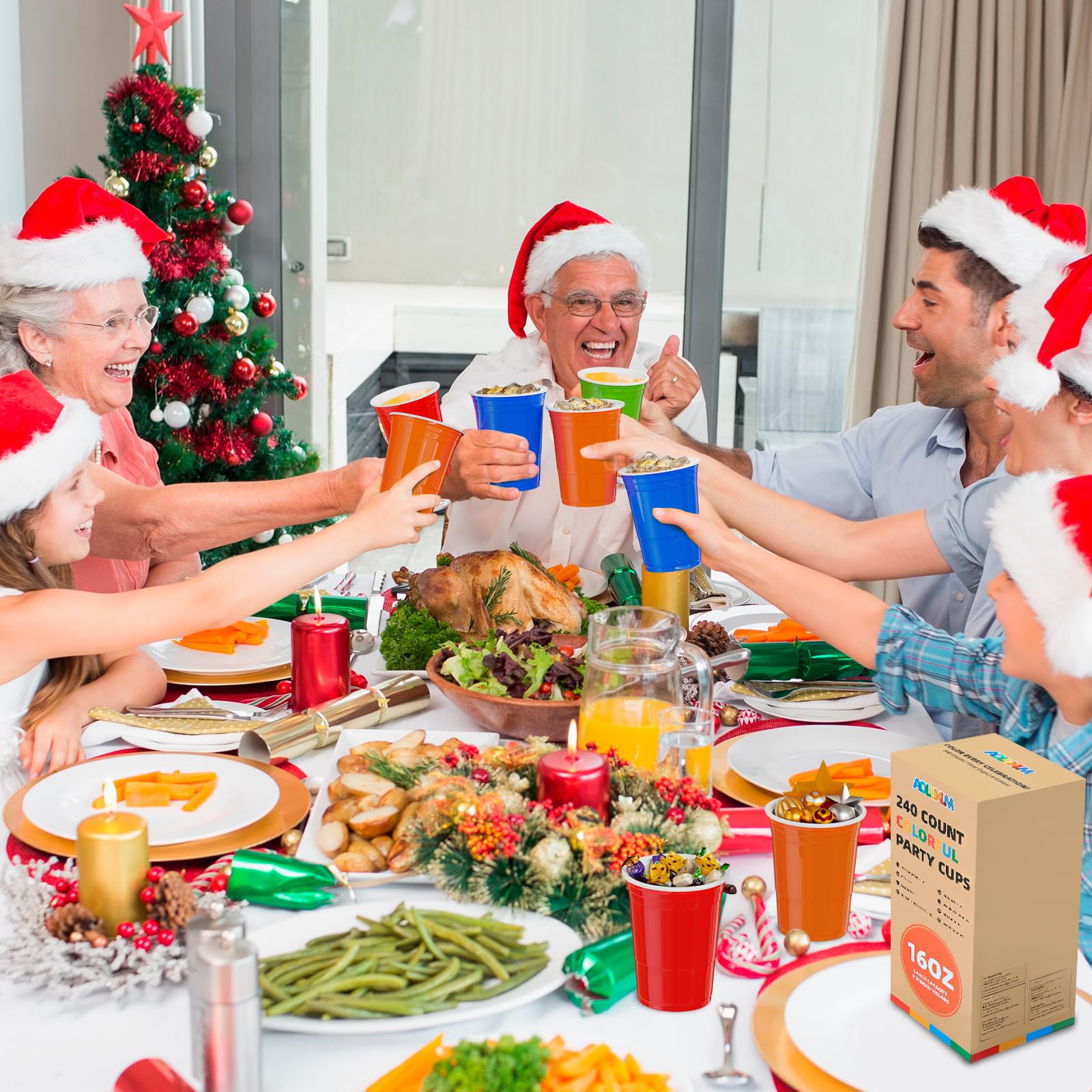 AOLUXLM 240 Partybecher Set + 20 Bälle, Plastikbecher, Mehrwegbecher | 473ml/16oz, Mehrweg, in 4 Farben, Spülmaschinenfest, Polypropylen (PP), Trinkbecher für Feste und Veranstaltungen