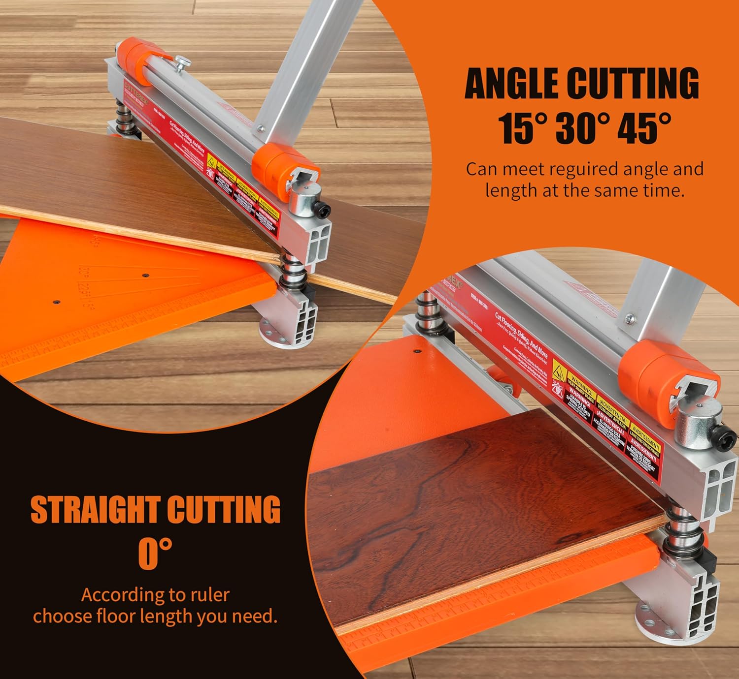 Illustrations of straight cutting at 0 degrees and angle cutting at 15, 30, and 45 degrees using the floor cutter.