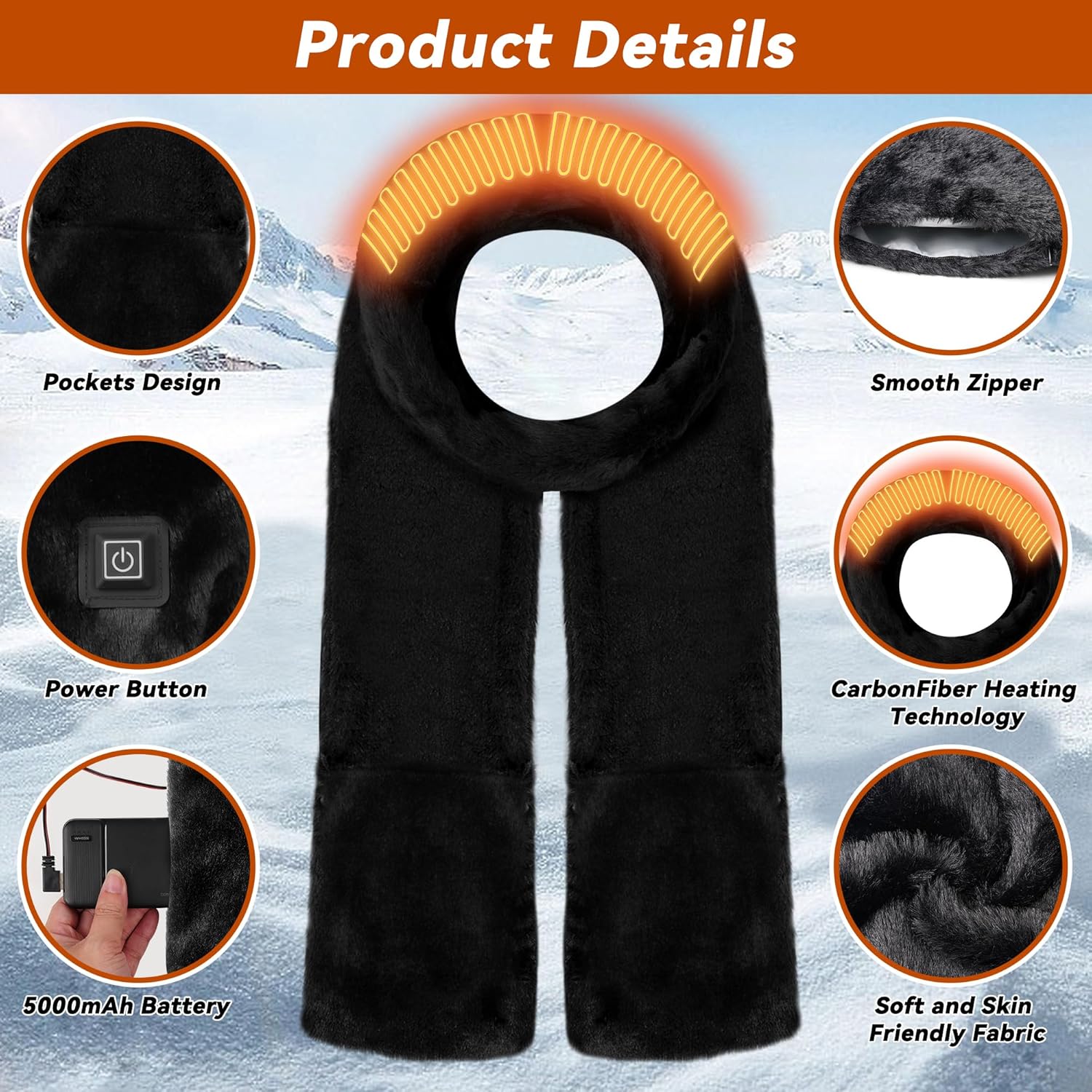 Heated Scarf for Women with Pocket, Rechargeable 5000mAh Battery 3 Levels Temperature Adjustable Heated Neck Warmer - Image 7