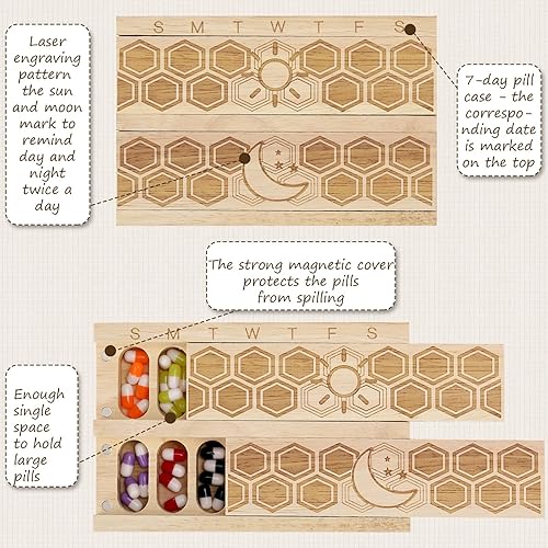 Miniatura 4 de Chengu Wood 7 Day Weekly Pill Organizer Vitamin Dispenser Wooden Pill Case Container Box for Vitamin Fish Oil Pills Supplements, Arthritis Friendly,