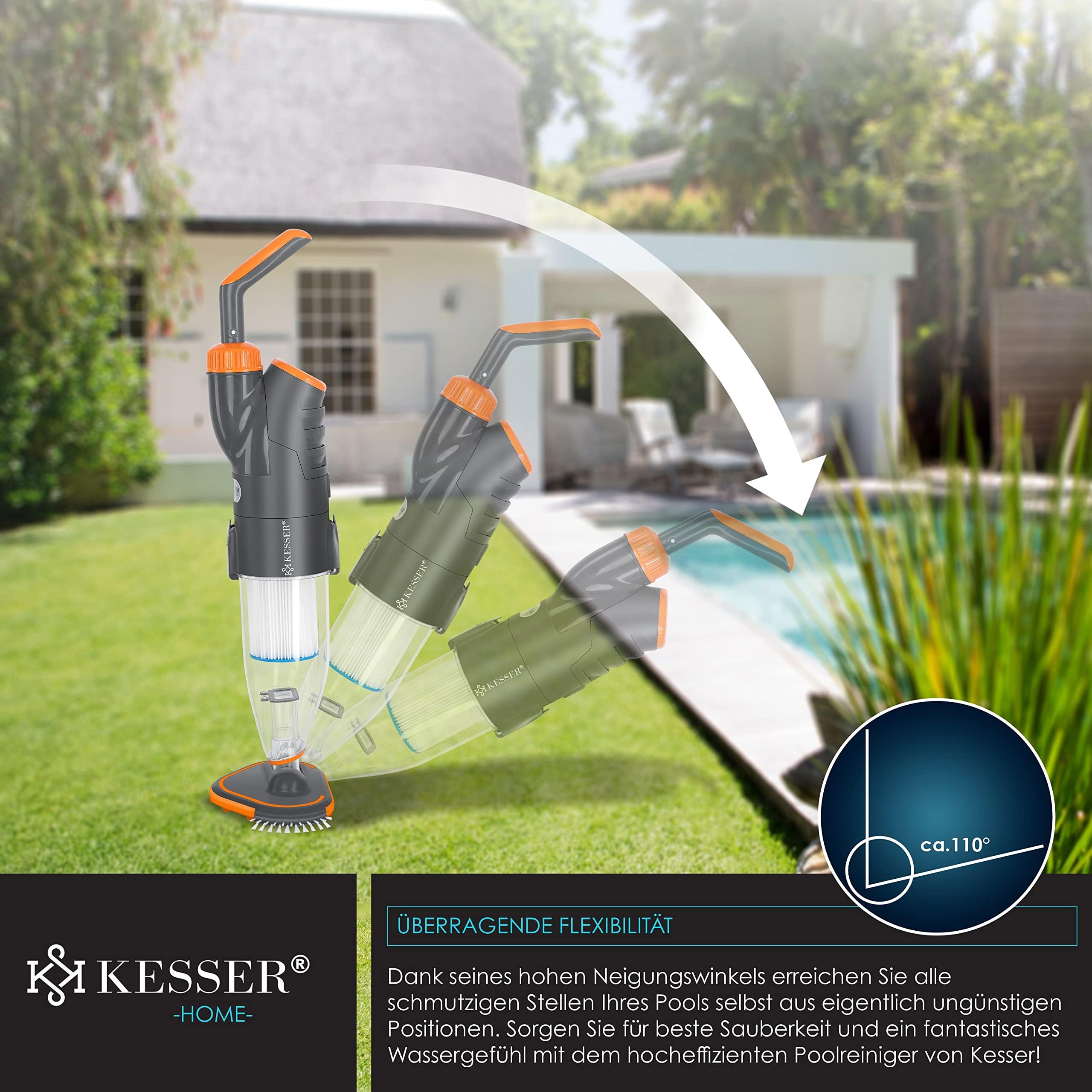 KESSER® Poolsauger mit Akku | elektrische Pool Bodensauger | Poolreiniger mit Filter & 2-Geschwindigkeits-System | Handsauger Reinigungsset kabellos bis zu 15m³