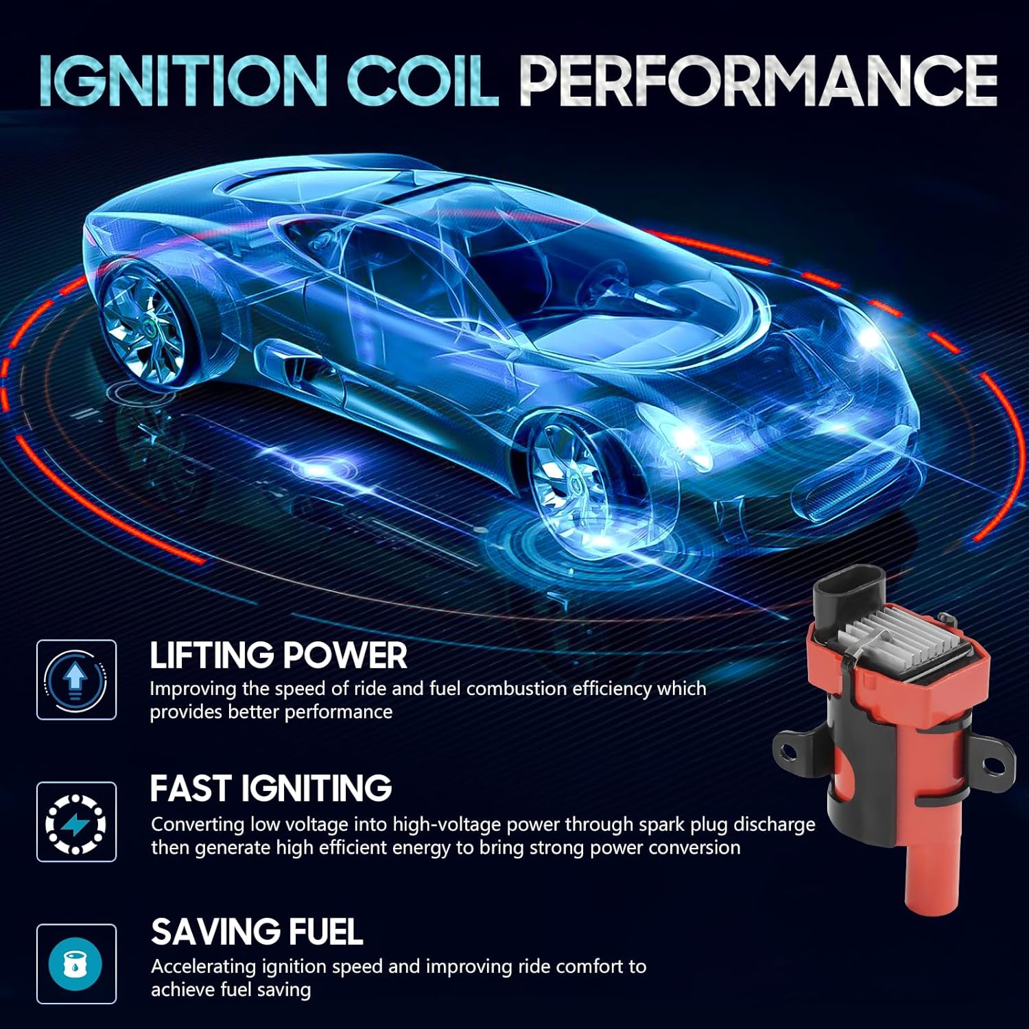 Round Ignition Coil Pack With Iridium Spark Plug and Wires Compatible With Chevrolet Cadillac GMC Buick Hummer H2 Isuzu Ascender 4.8L 5.3L 6.0L, Replace for UF262, Red